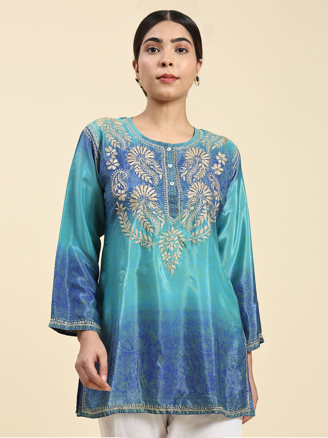 HOUSE OF KARI Floral Embroidered Tunic, Green