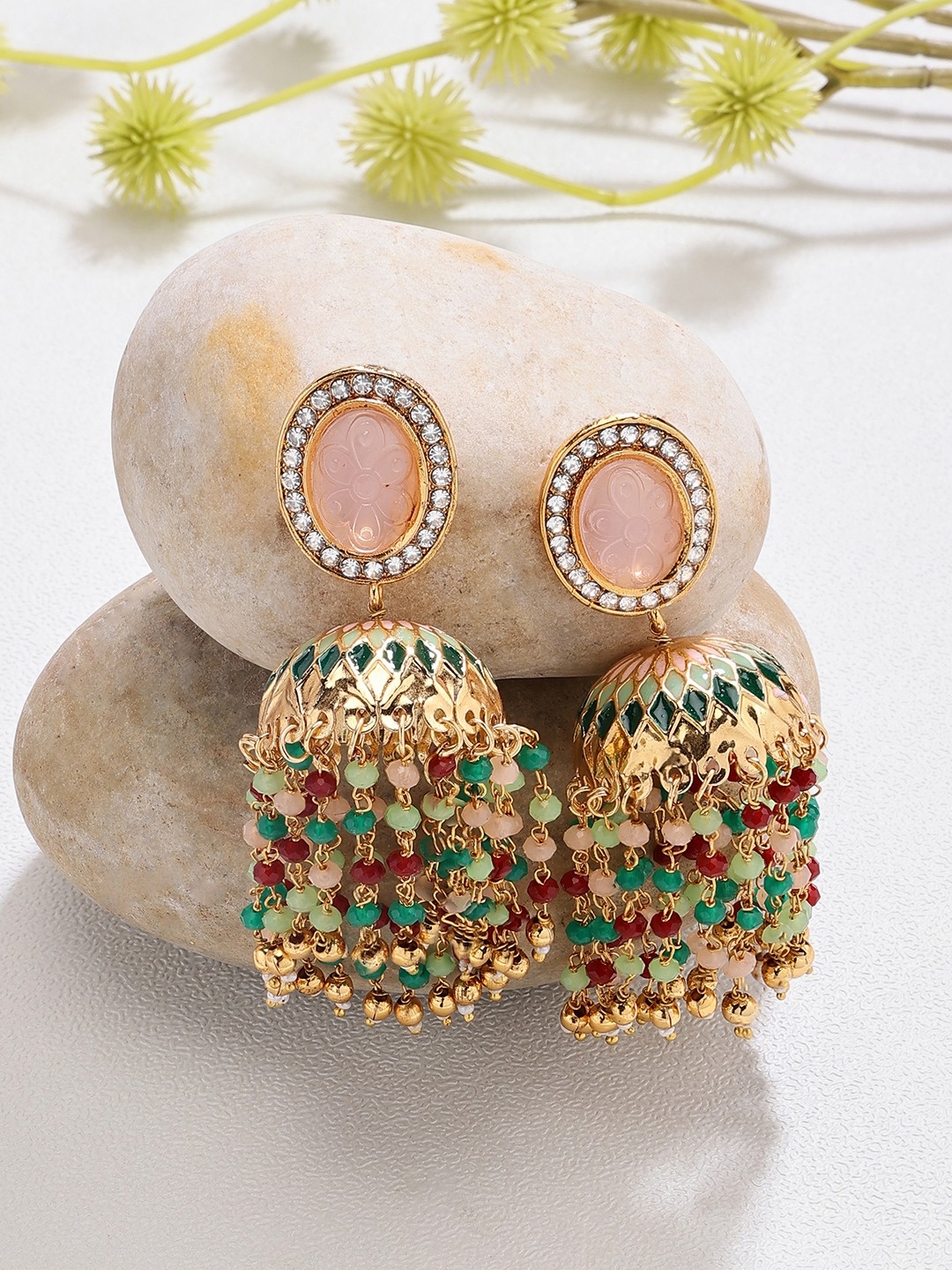 Zaveri Pearls Gold-Plated Artificial Stones And Beads Studded Dome Shaped Jhumkas Earrings
Zaveri Pearls Gold-Plated Artificial Stones And Beads Studded Dome Shaped Jhumkas Earrings