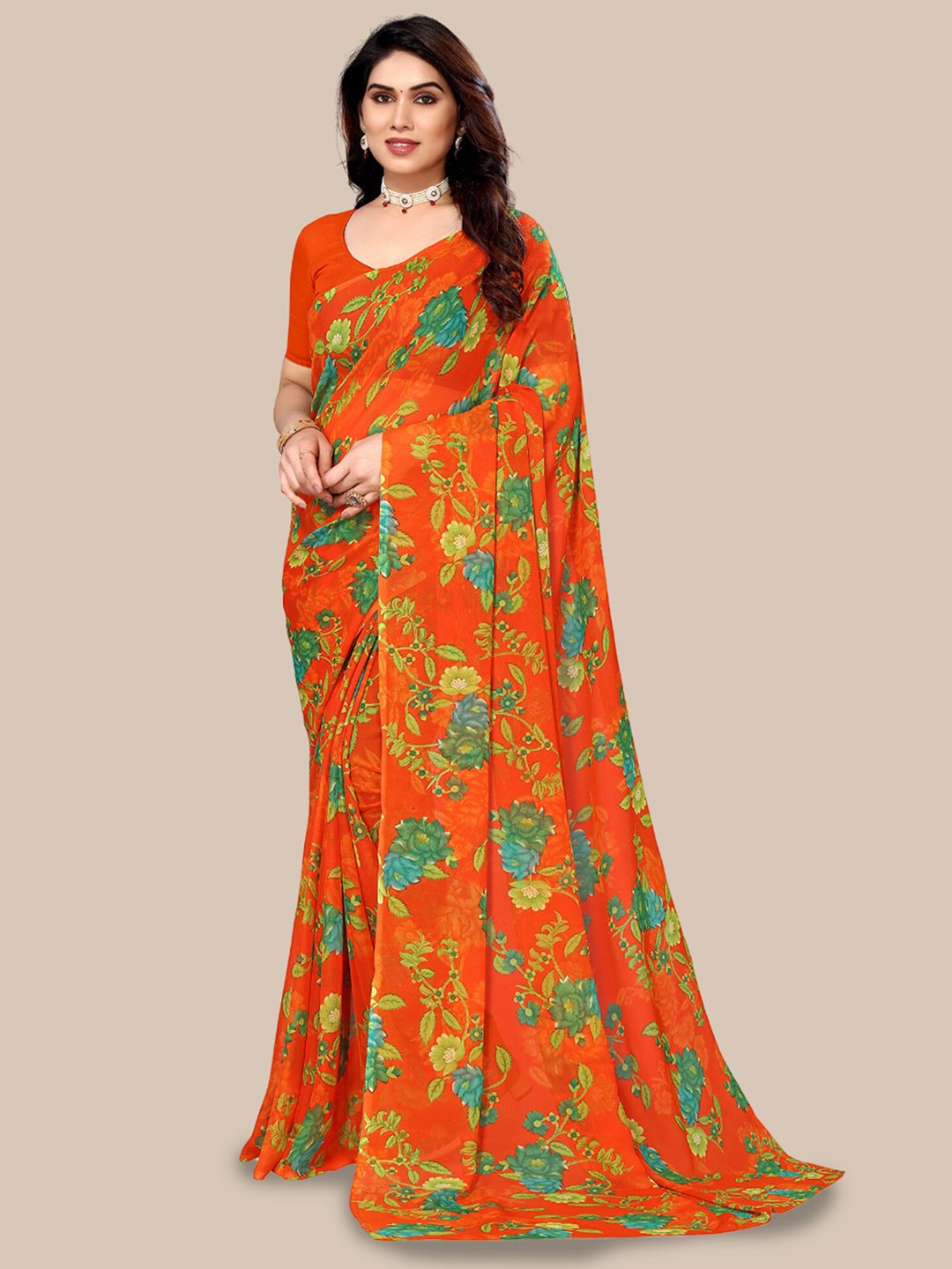 Poshyaa Floral Printed Pure Georgette Saree, Orange
