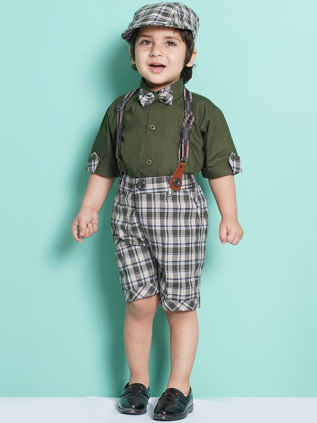 Aj DEZInES Boys Printed Cotton Shirt Bow Shorts With Cap Suspenders Clothing Set, Green
Aj DEZInES Boys Printed Cotton Shirt Bow Shorts With Cap Suspenders Clothing Set, Green