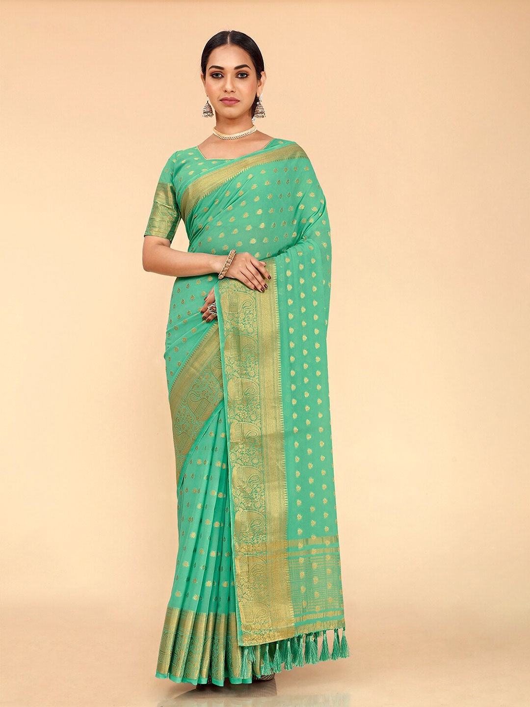 elora Ethic Motif Zari Poly Georgette Banarasi Saree With Blouse Piece, Turquoise blue
elora Ethic Motif Zari Poly Georgette Banarasi Saree With Blouse Piece, Turquoise blue