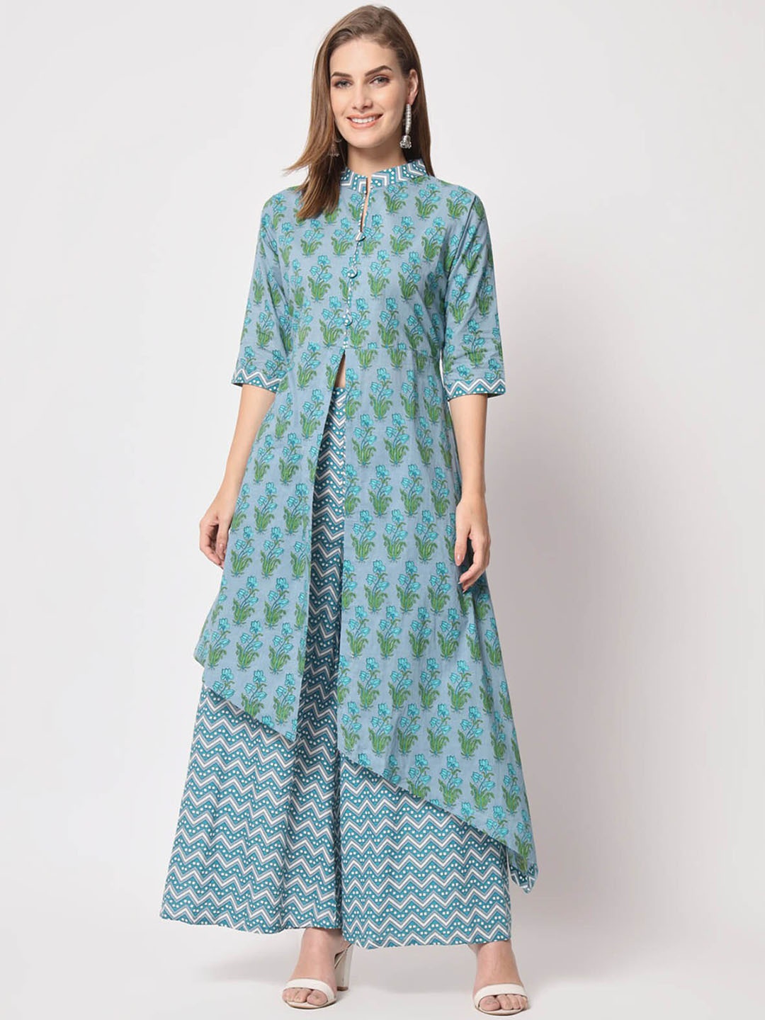 ODETTE Floral Printed Mandarin Collar Pure Cotton Asymmetric Kurta With Palazzos, Blue
ODETTE Floral Printed Mandarin Collar Pure Cotton Asymmetric Kurta With Palazzos, Blue