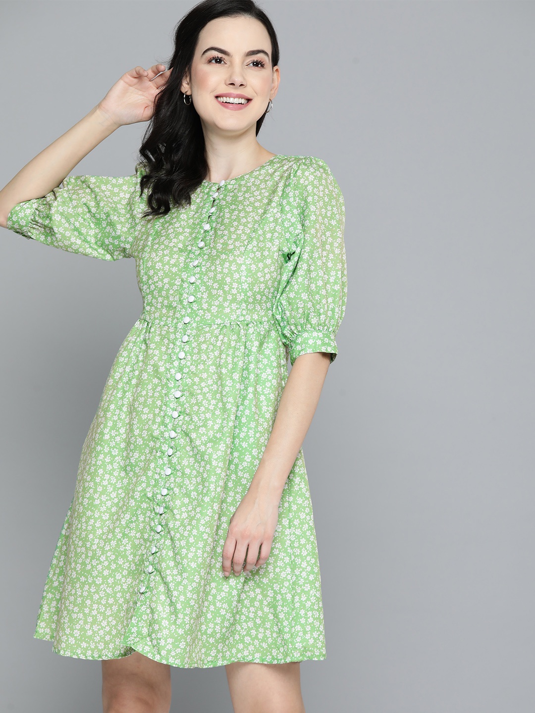 Mast & Harbour Floral Print Puff Sleeves A-Line Dress, Green