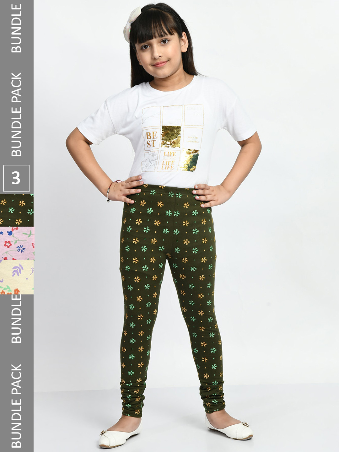 BAESD Girls Pack Of 3 Printed Pure Cotton Churidar Length Leggings, Olive
BAESD Girls Pack Of 3 Printed Pure Cotton Churidar Length Leggings, Olive
