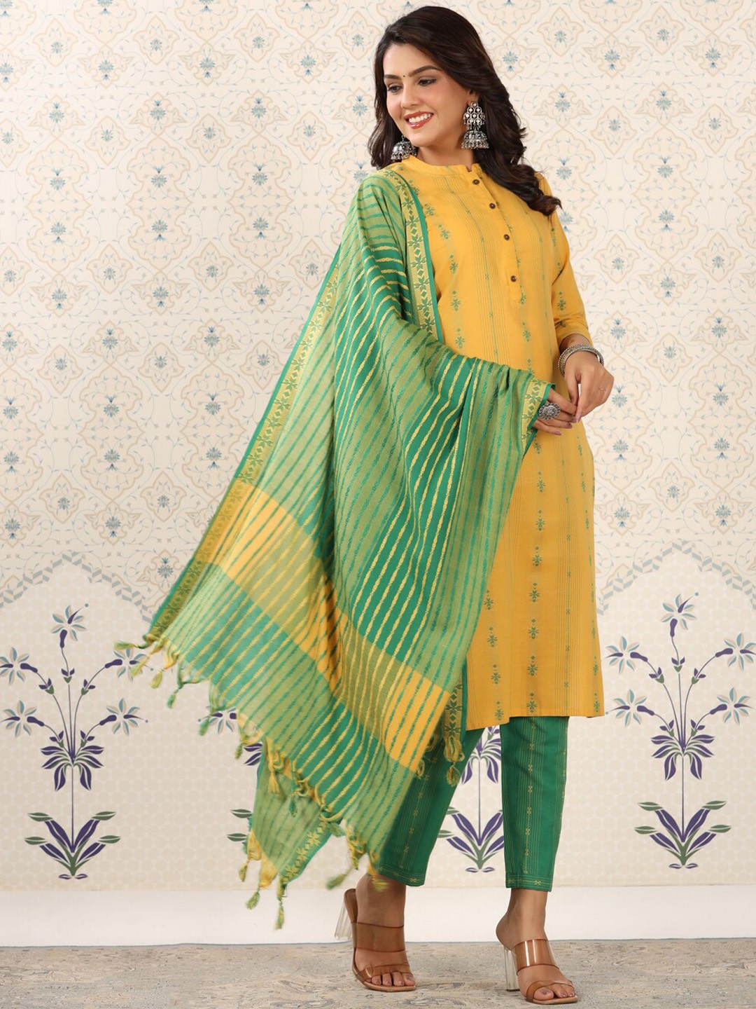 Ode by House of Pataudi Yellow Woven Design Pure Cotton Kurta With Trousers & Dupatta
Ode by House of Pataudi Yellow Woven Design Pure Cotton Kurta With Trousers & Dupatta