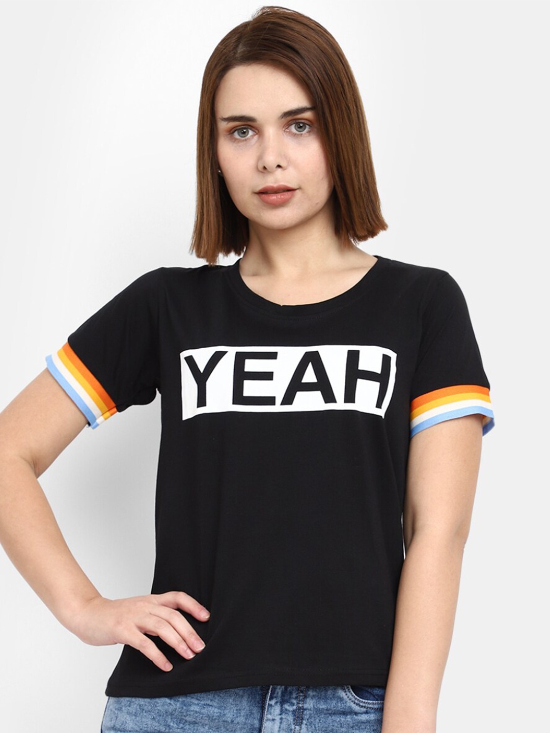 V-Mart Typography Printed Cotton T-shirt, Black