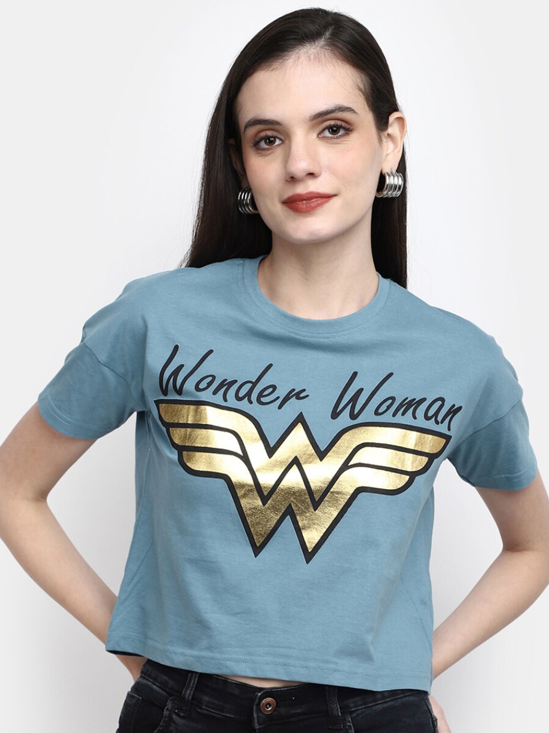V-Mart Wonder Woman Printed Crop Boxy T-shirt, Blue