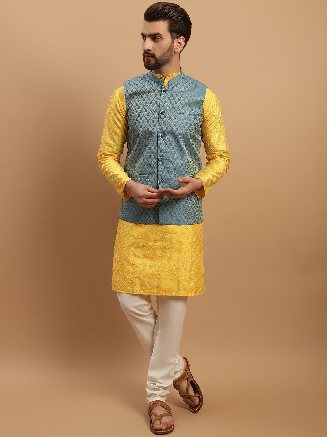 SOJANYA Geometric Embroidered Regular Kurta with Churidar & Woven Design Nehru Jacket, Mustard
SOJANYA Geometric Embroidered Regular Kurta with Churidar & Woven Design Nehru Jacket, Mustard