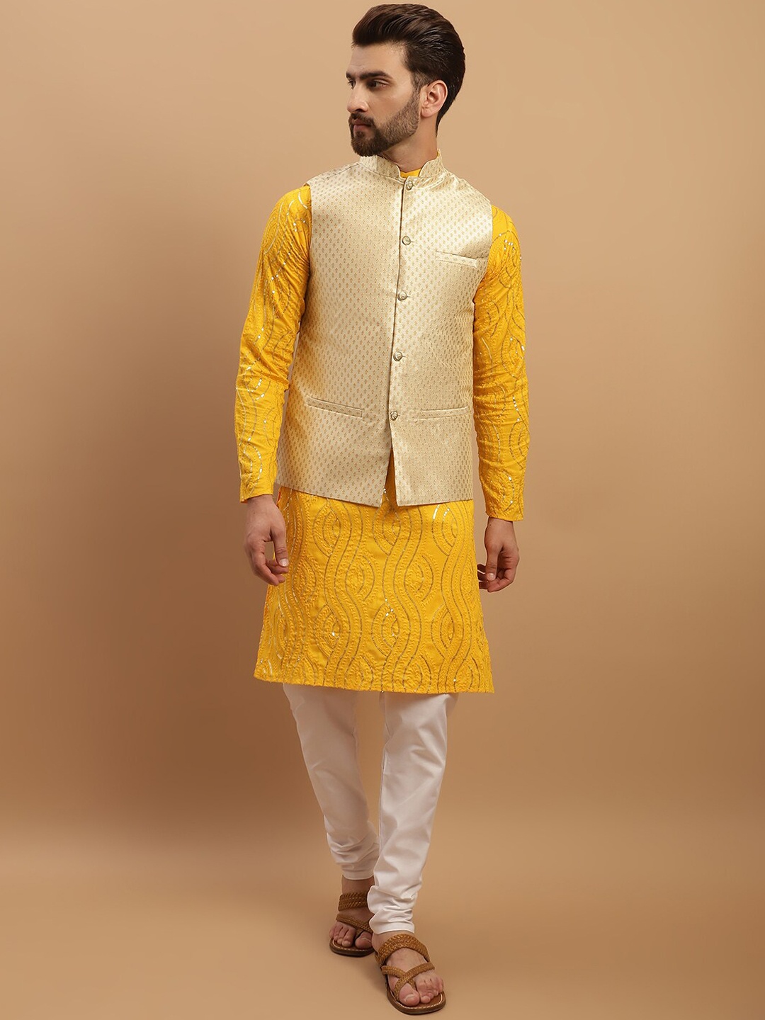 SOJANYA Embroidered Sequinned Pure Cotton Kurta with Churidar & Woven Design Nehru Jacket, Mustard
SOJANYA Embroidered Sequinned Pure Cotton Kurta with Churidar & Woven Design Nehru Jacket, Mustard
