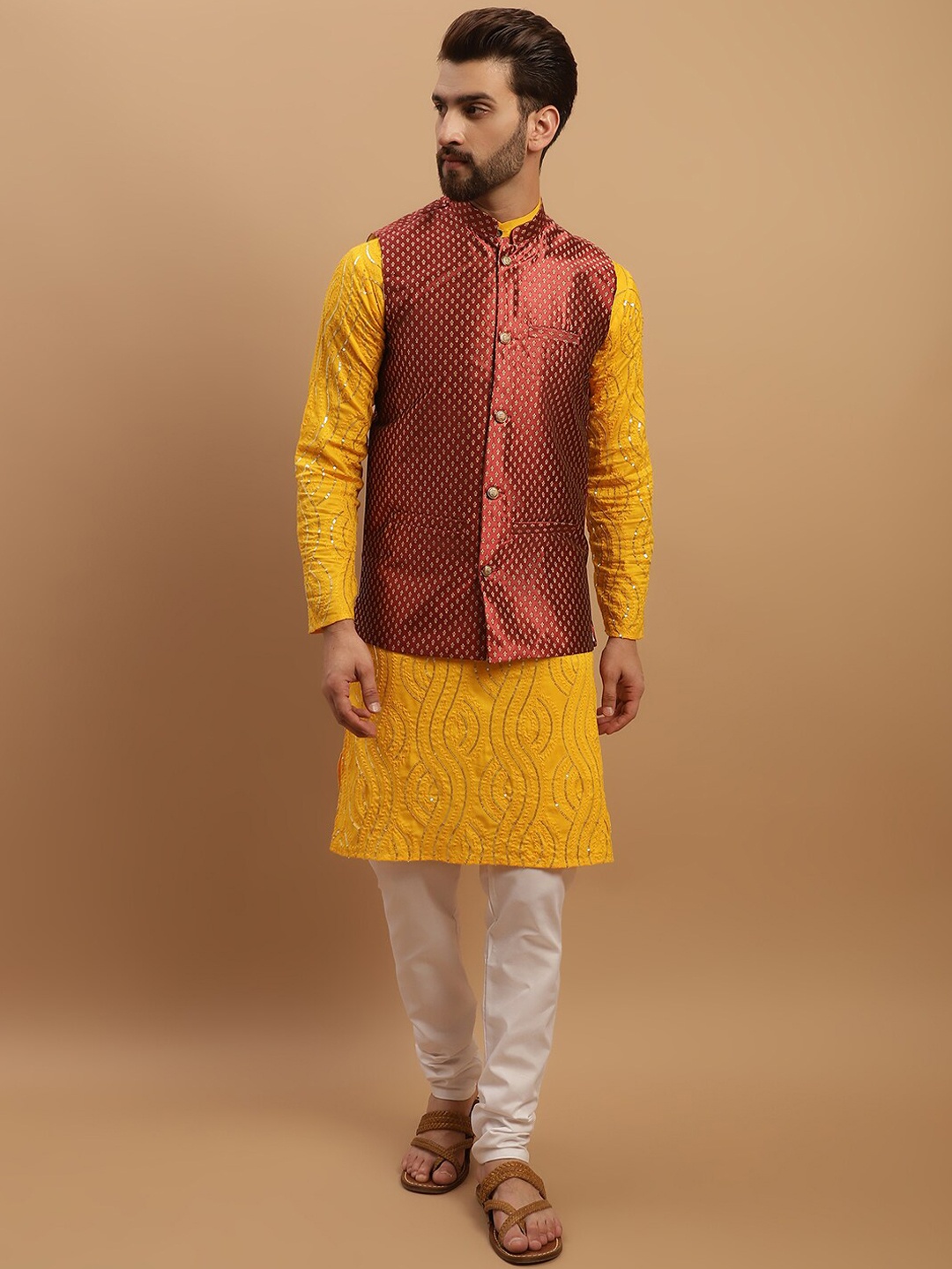 SOJANYA Embroidered Sequinned Pure Cotton Kurta with Churidar & Woven Design Nehru Jacket, Mustard
SOJANYA Embroidered Sequinned Pure Cotton Kurta with Churidar & Woven Design Nehru Jacket, Mustard