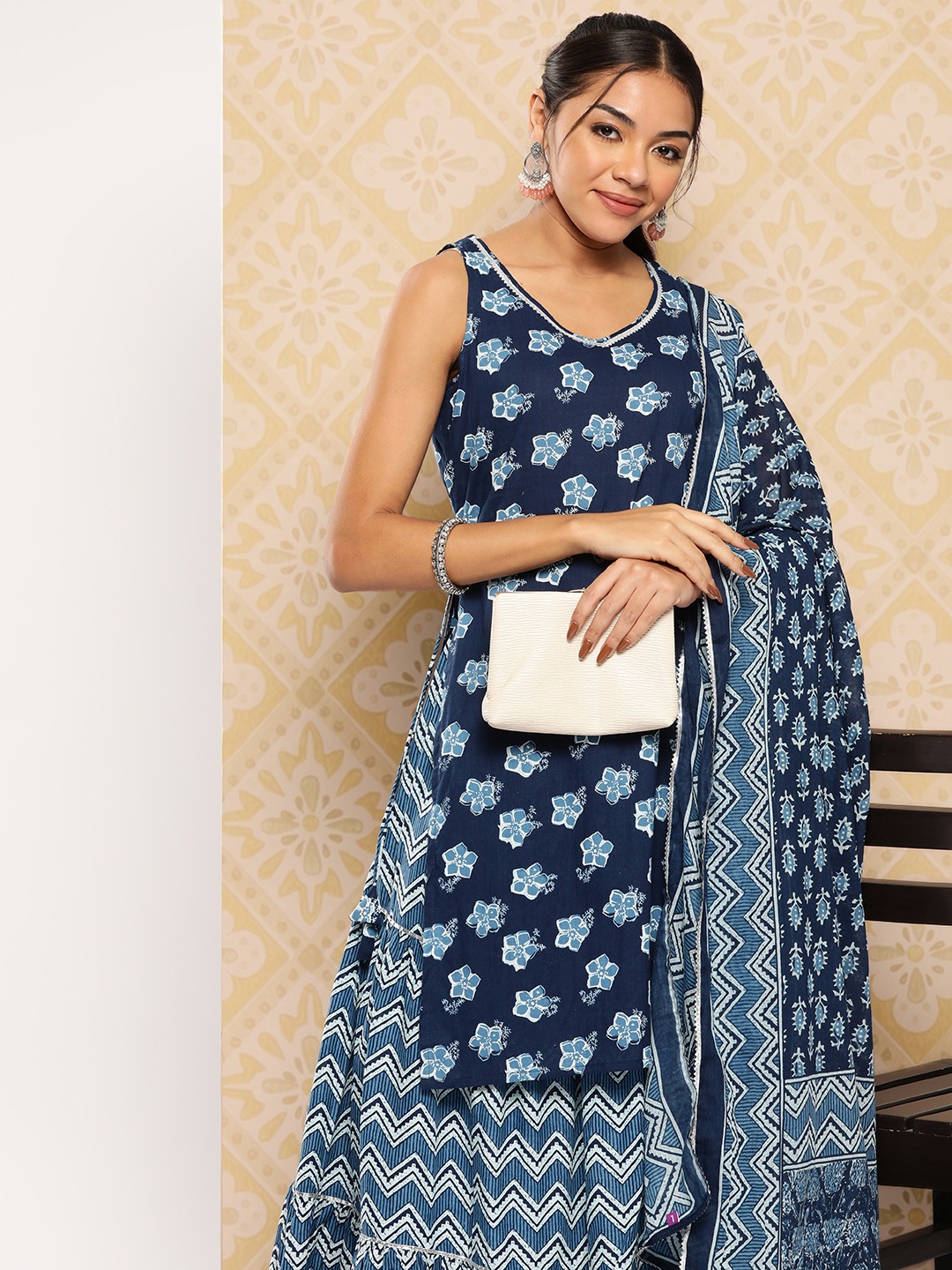 Libas Floral Printed High Slit Gotta Patti Pure Cotton Kurta With Skirt & Dupatta, Navy blue
Libas Floral Printed High Slit Gotta Patti Pure Cotton Kurta With Skirt & Dupatta, Navy blue