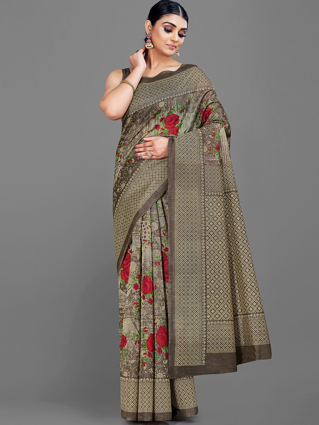 Shaily Brown & Red Floral Printed Zari Saree