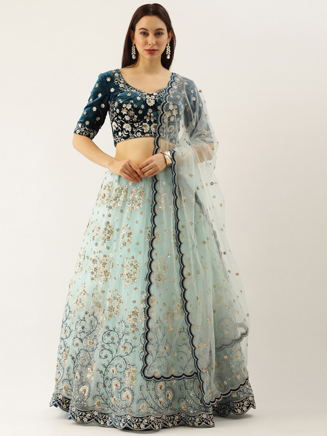 panchhi Embellished Sequinned Semi-Stitched Lehenga & Unstitched Blouse With Dupatta, Sea green
panchhi Embellished Sequinned Semi-Stitched Lehenga & Unstitched Blouse With Dupatta, Sea green