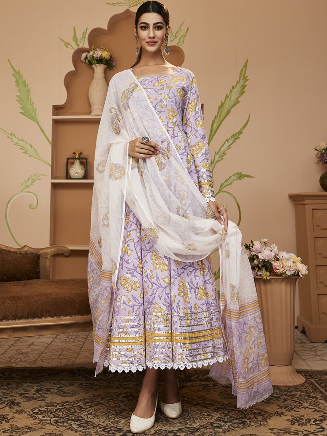 Divena Floral Block Printed Gotta Patti Anarkali Pure Cotton Kurta with Trousers & Dupatta, Lavender
Divena Floral Block Printed Gotta Patti Anarkali Pure Cotton Kurta with Trousers & Dupatta, Lavender