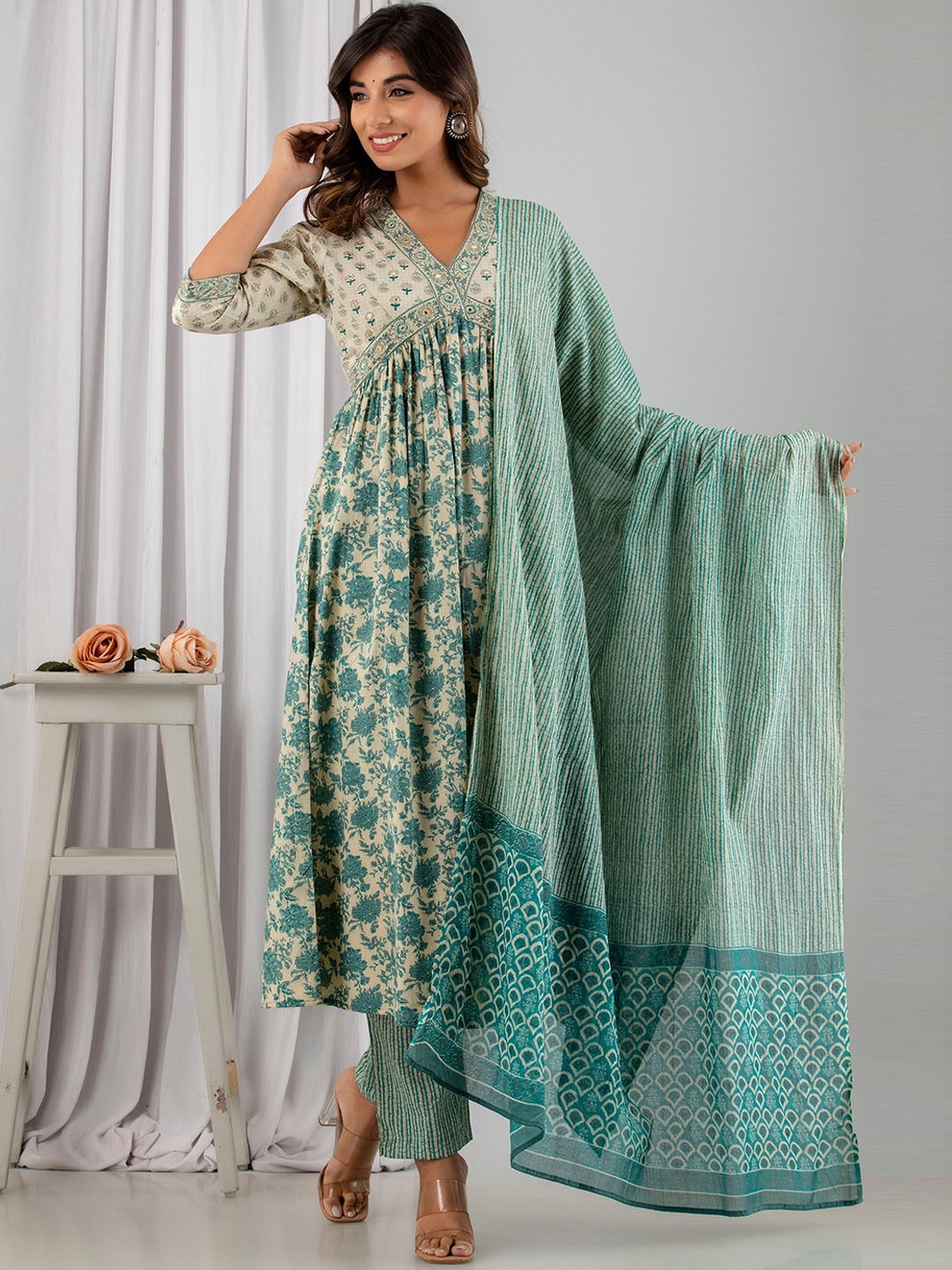 Readiprint Fashions Floral Printed Pleated Pure Cotton Kurta With Trousers & Dupatta, Green
Readiprint Fashions Floral Printed Pleated Pure Cotton Kurta With Trousers & Dupatta, Green