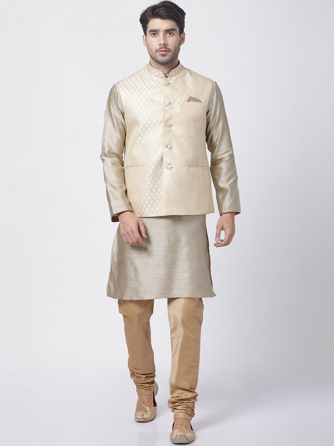 VASTRAMAY Mandarin Collar Woven Design Kurta with Churidar & Woven Design Nehru Jacket, Beige
VASTRAMAY Mandarin Collar Woven Design Kurta with Churidar & Woven Design Nehru Jacket, Beige