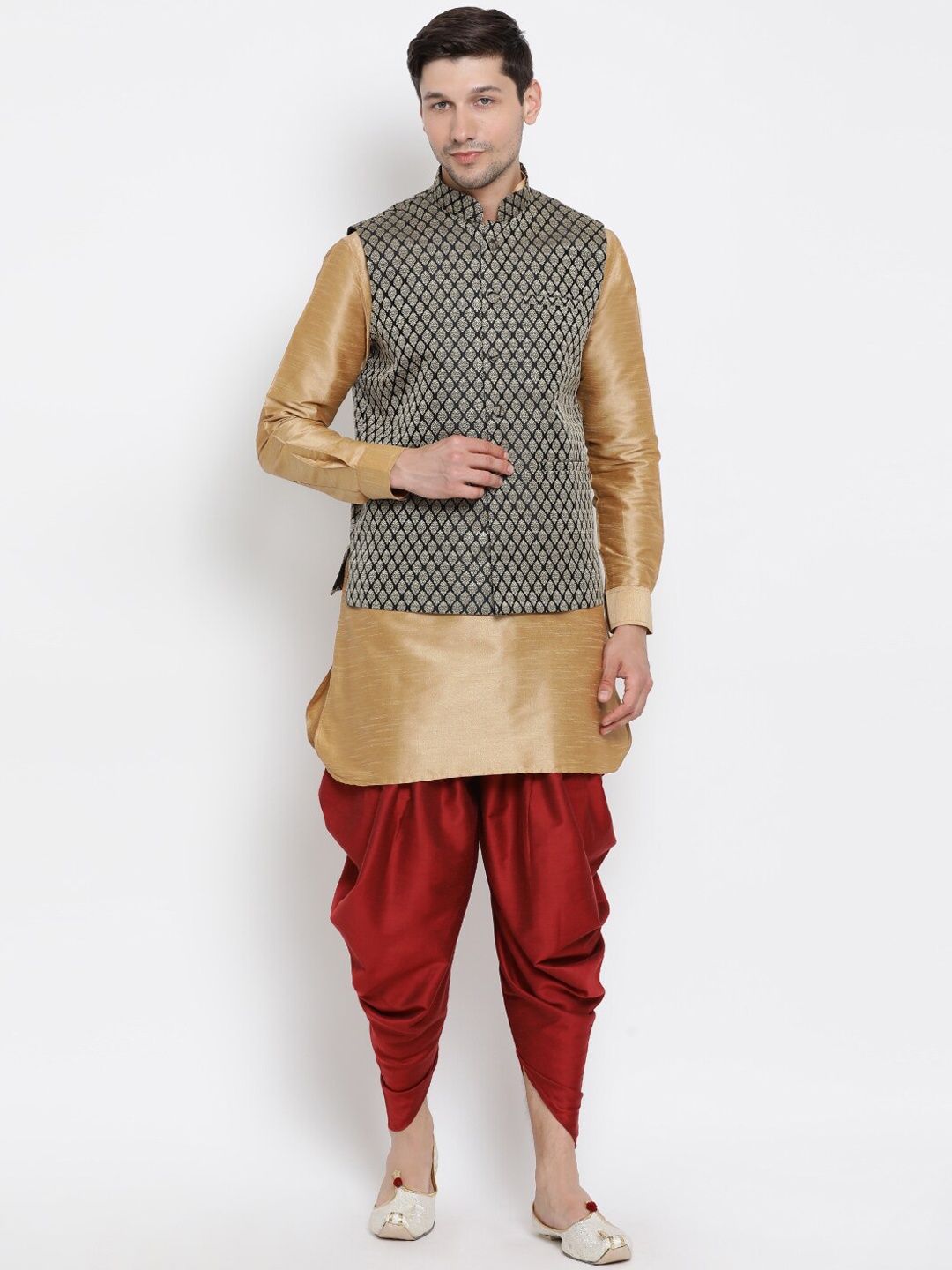 VASTRAMAY Mandarin Collar Regular Kurta with Dhoti Pants & Woven Design Nehru Jacket, Gold
VASTRAMAY Mandarin Collar Regular Kurta with Dhoti Pants & Woven Design Nehru Jacket, Gold