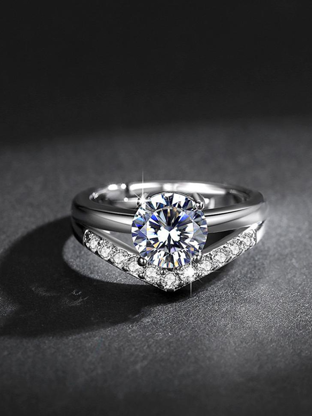 MYKI 92.5 Sterling Silver Silver-Plated CZ-Studded Adjustable Finger Ring