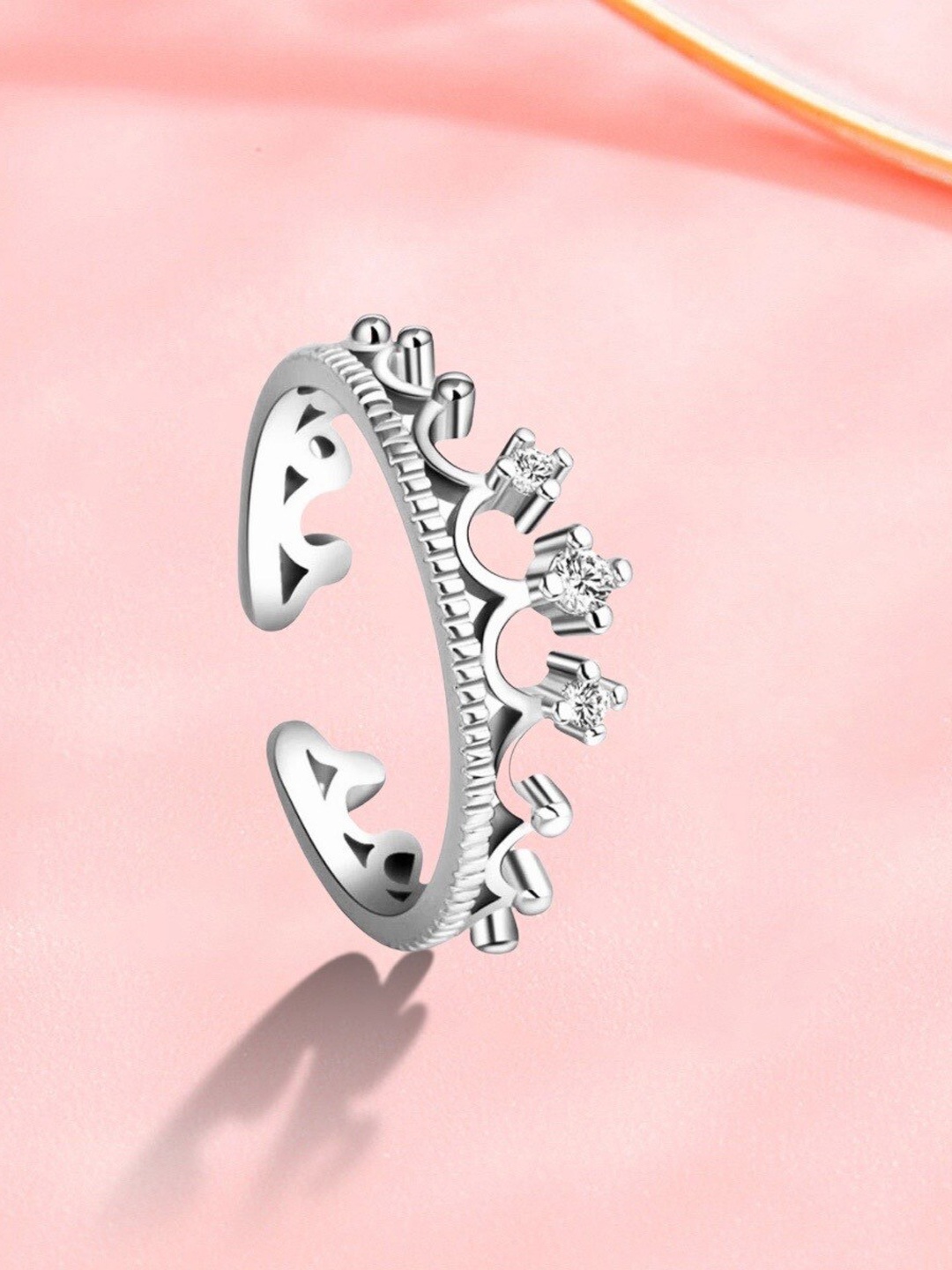 MYKI Silver-Plated CZ-Studded Adjustable Crown Finger Ring