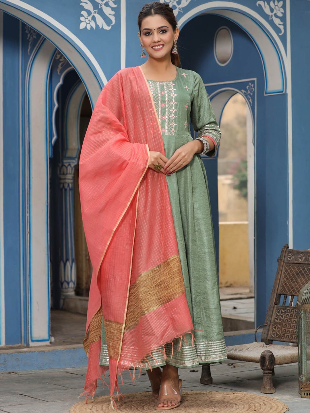 Jaipur Kurti Ethnic Motifs Embroidered Gotta Patti Fit & Flare Ethnic Dress & Dupatta, Olive
Jaipur Kurti Ethnic Motifs Embroidered Gotta Patti Fit & Flare Ethnic Dress & Dupatta, Olive