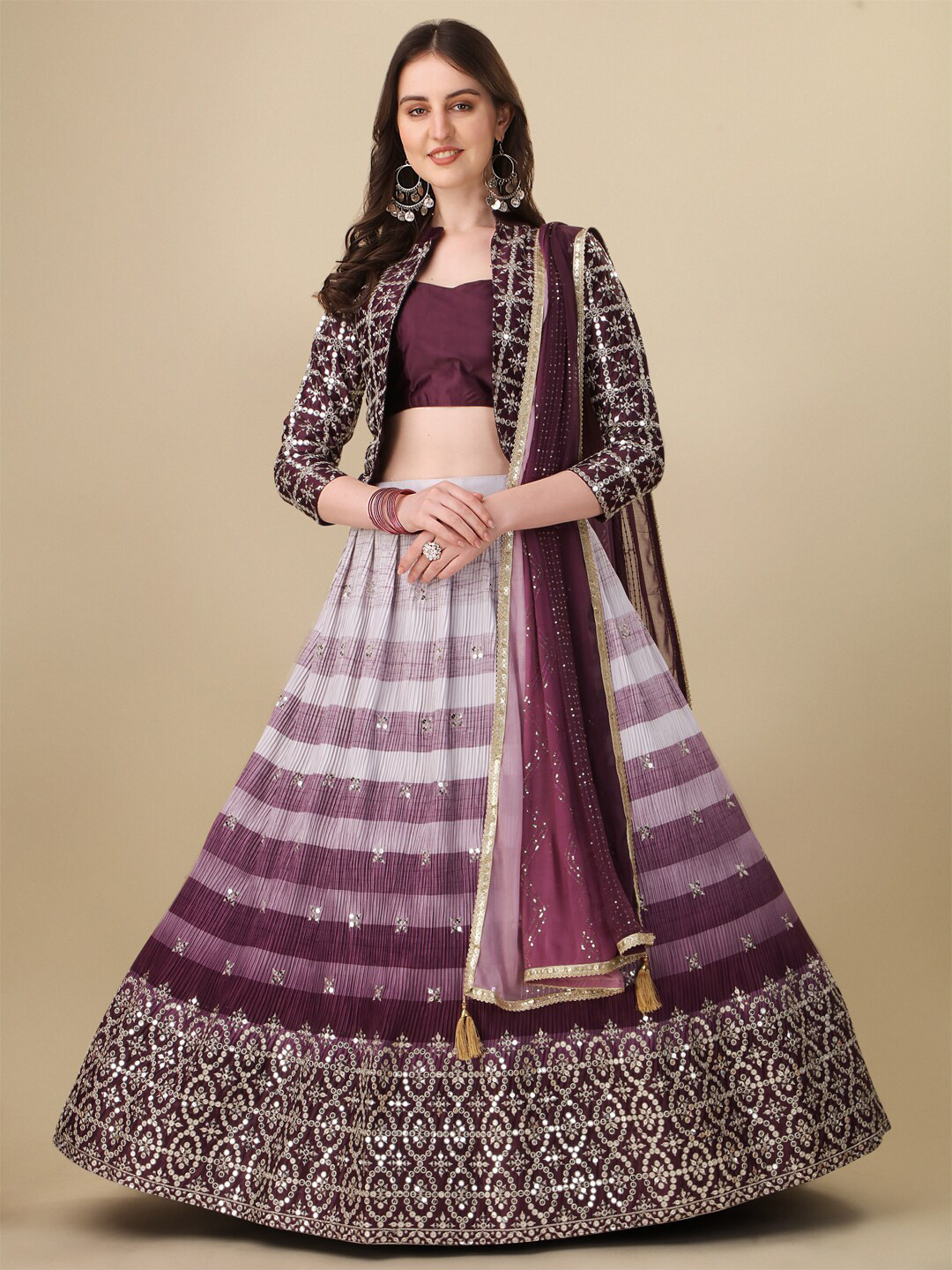 Fab Dadu Embroidered Sequinned Jacket Lehenga & Unstitched Blouse With Dupatta, Purple
Fab Dadu Embroidered Sequinned Jacket Lehenga & Unstitched Blouse With Dupatta, Purple