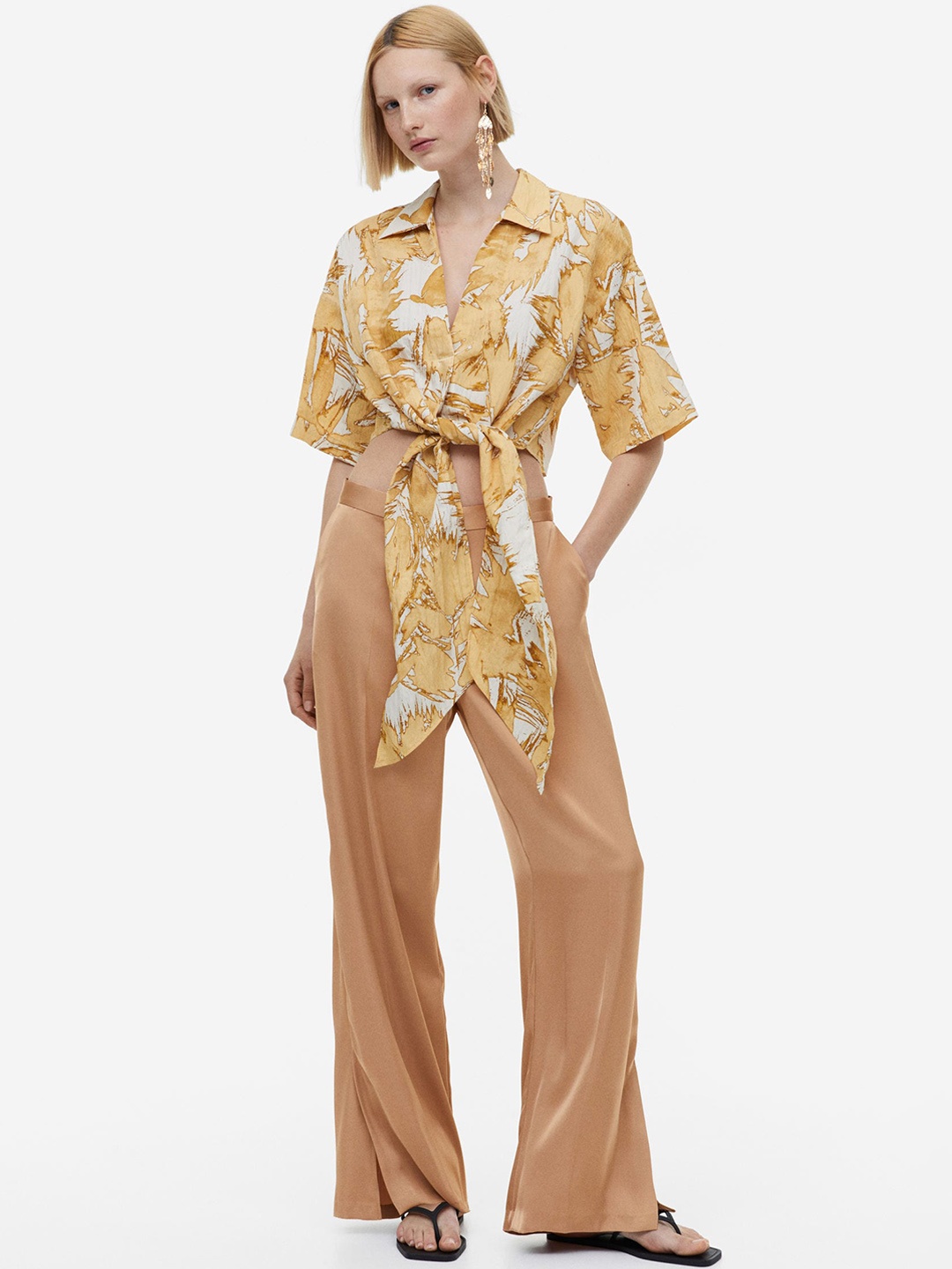 H&M Women Wide Satin Trousers, Beige