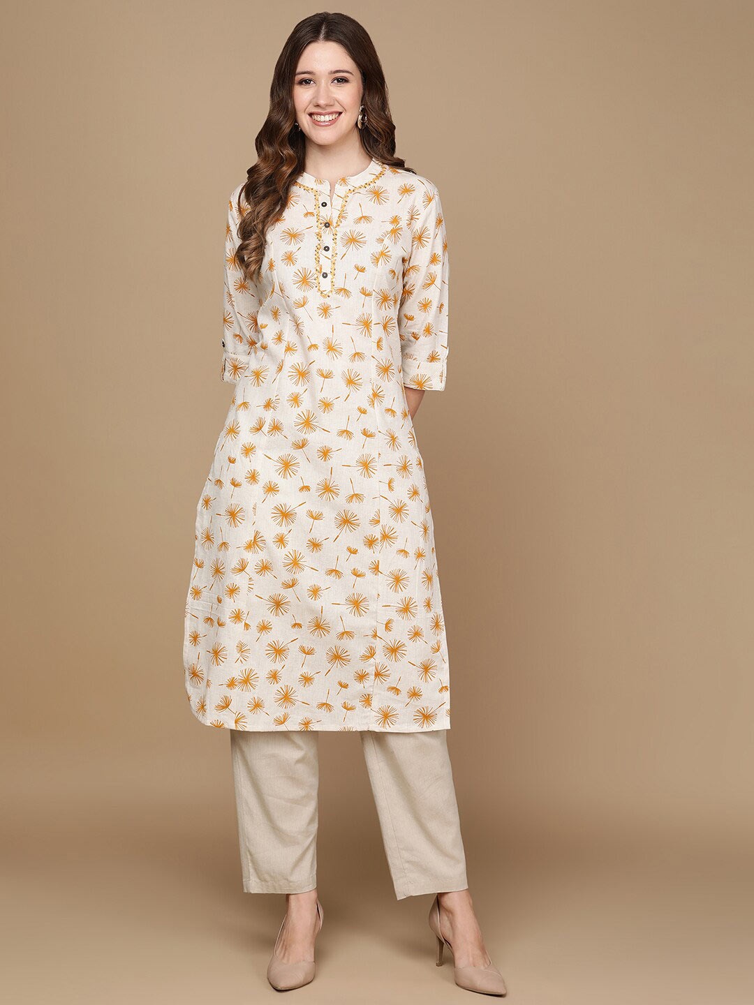 HERE&NOW Off White & Mustard Yellow Floral Printed Thread Work Sequinned Cotton Kurta
HERE&NOW Off White & Mustard Yellow Floral Printed Thread Work Sequinned Cotton Kurta
