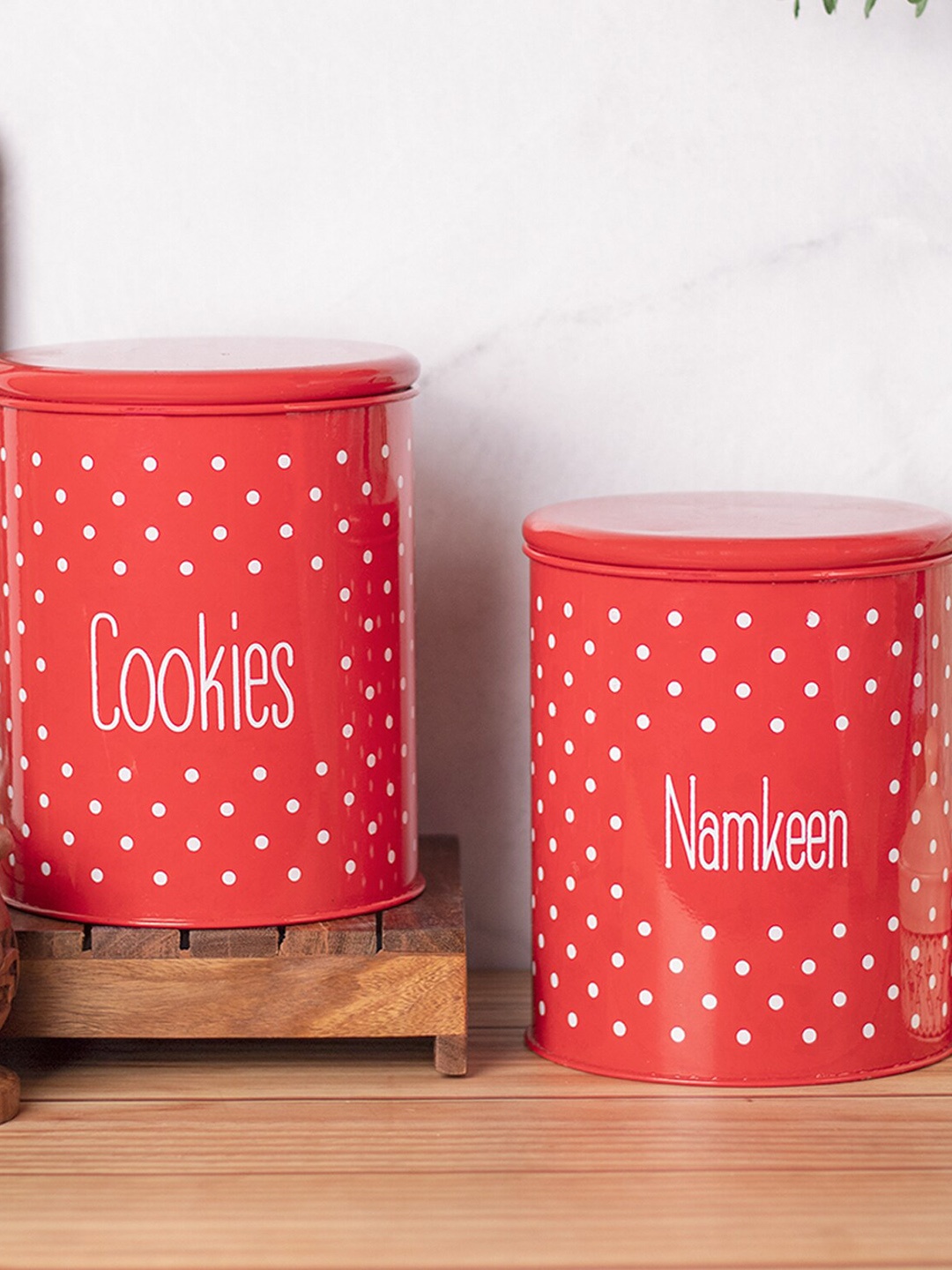 MARKET99 Red & White 2-Pieces Cookies & Namkeen Printed Jars 1.4L Each