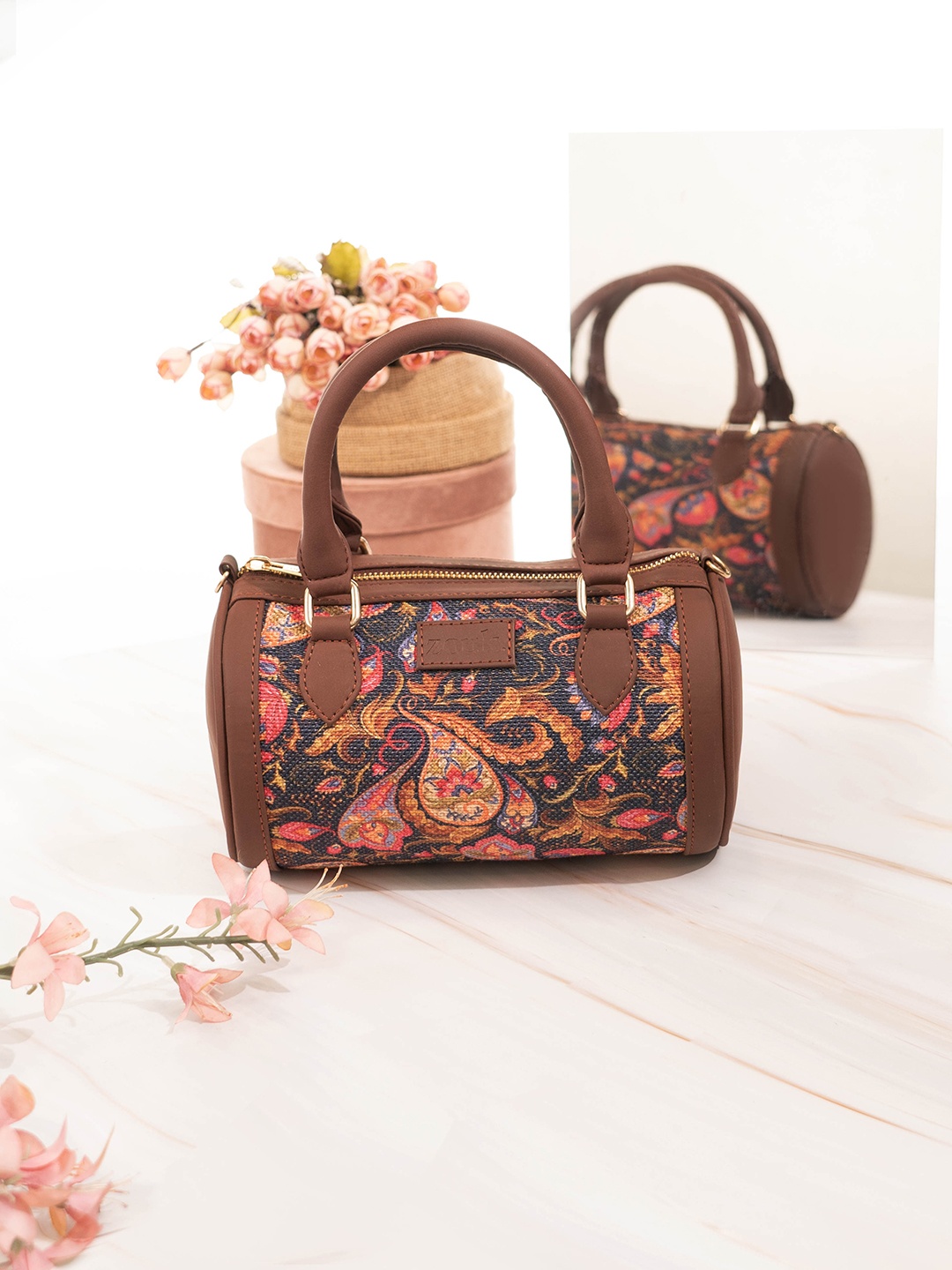 ZOUK Ethnic Motifs Printed Structured Handheld Bag, Navy blue