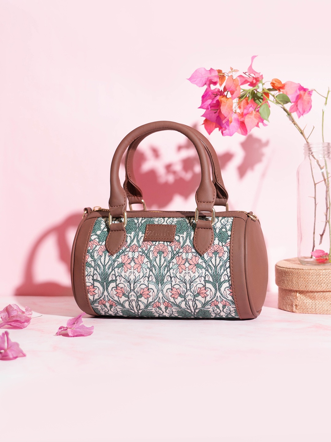 ZOUK Floral Printed Structured Handheld Bag, Pink