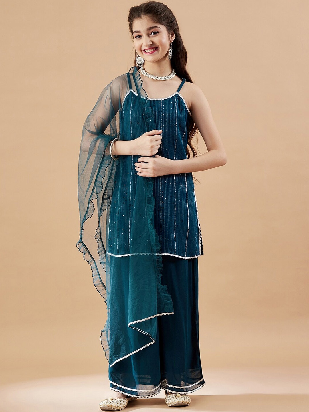 Cherry & Jerry Girls Geometric Embroidered Sequinned Kurta with Palazzos & With Dupatta, Teal
Cherry & Jerry Girls Geometric Embroidered Sequinned Kurta with Palazzos & With Dupatta, Teal