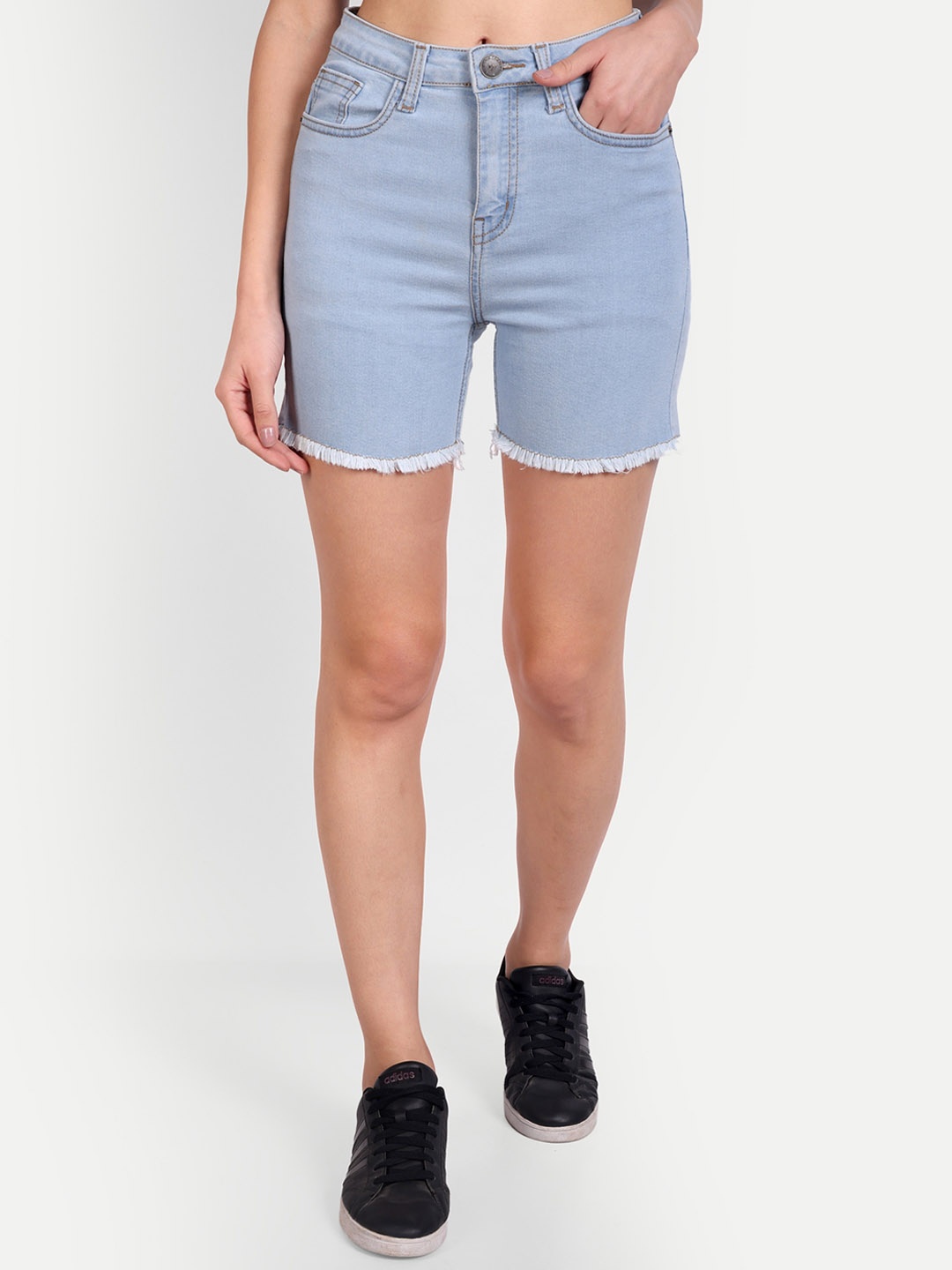 DressBerry Women Blue Mid Rise Fringed Denim Shorts