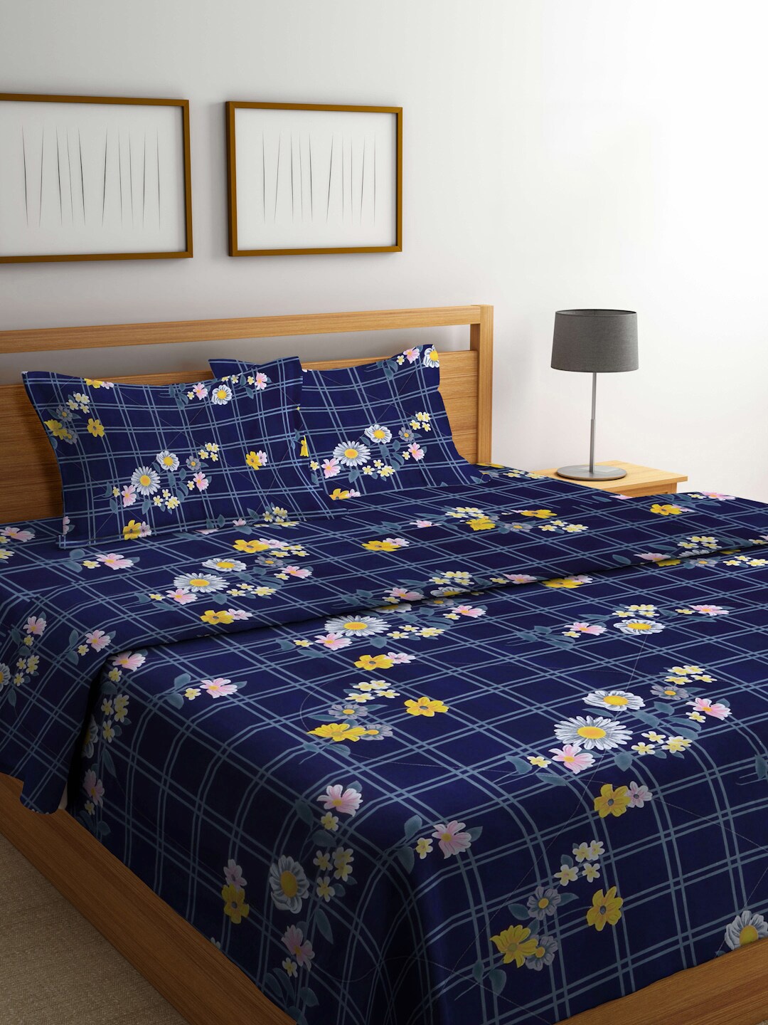 FABINALIV Blue & Yellow Printed 400GSM Double King Bedding Set