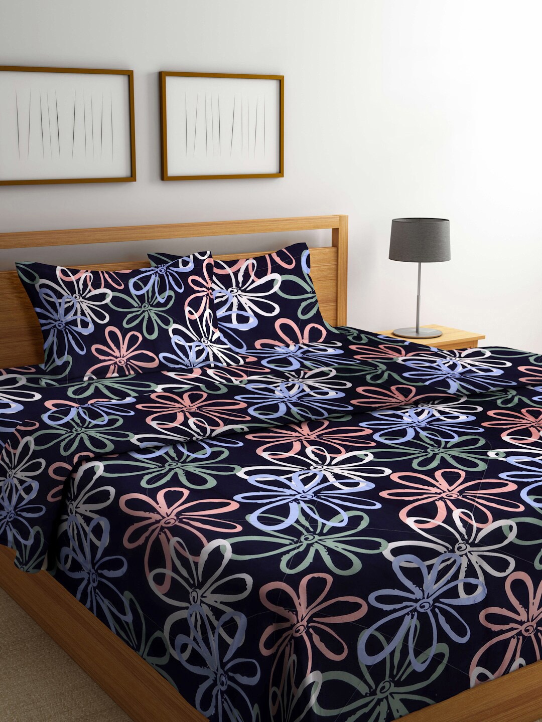 FABINALIV Black & Blue Floral Printed 400 GSM Double King Bed Bedding Set