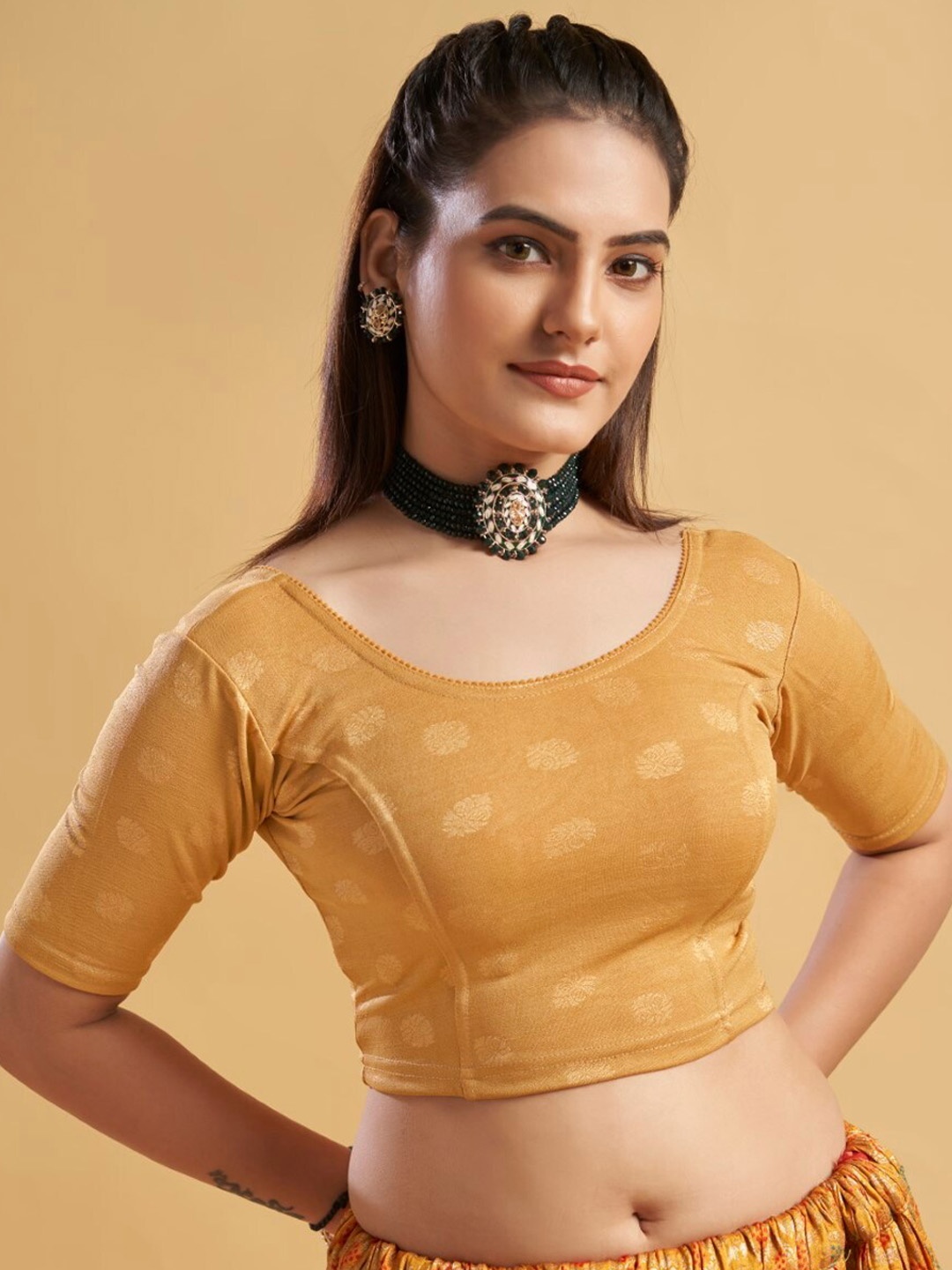 HIMRISE Round Neck Printed Saree Blouse, Gold