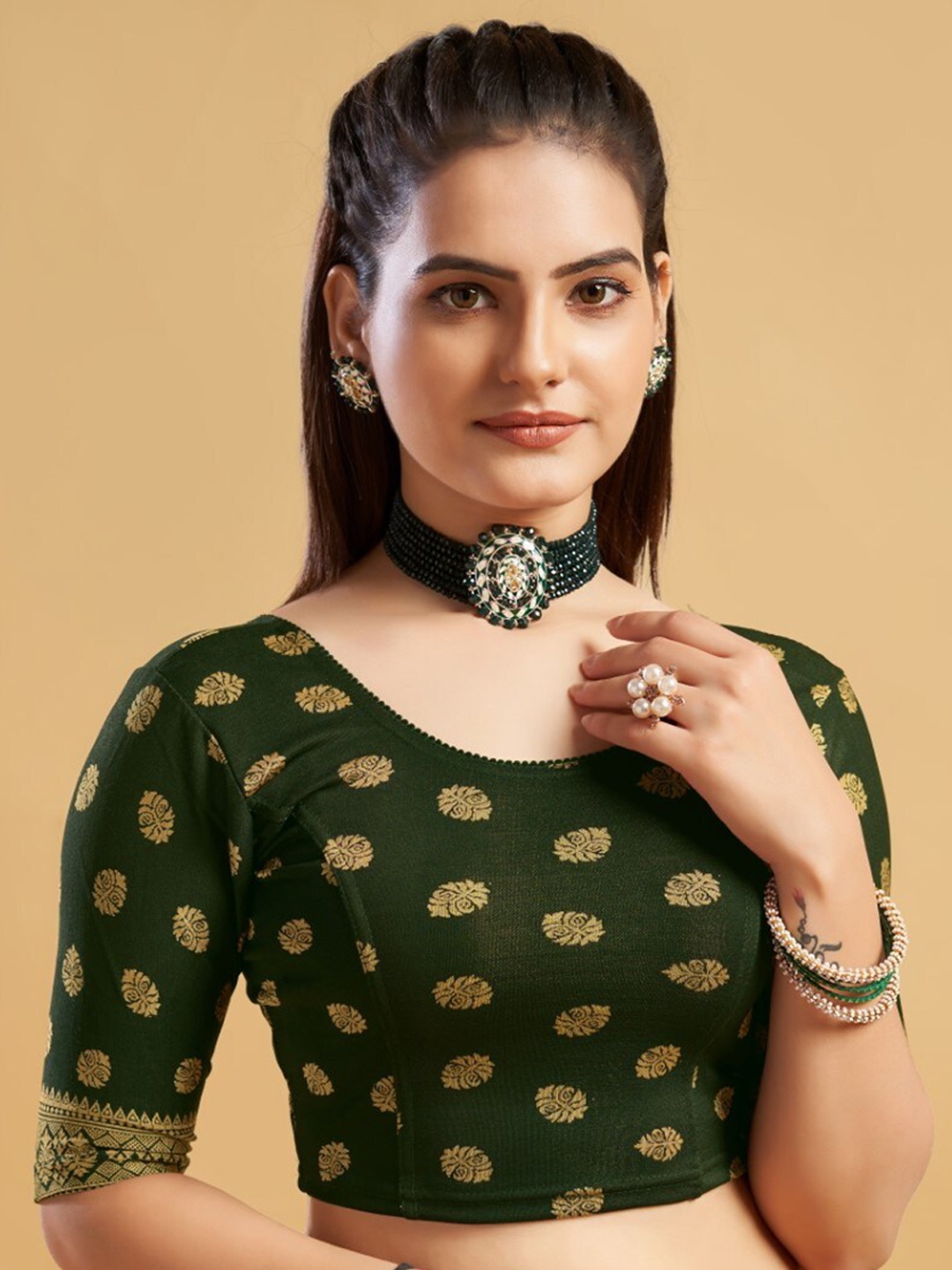 HIMRISE Printed Readymade Saree Blouse, Green
