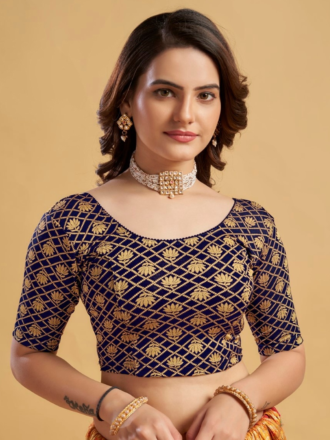 HIMRISE Printed Readymade Saree Blouse, Navy blue
