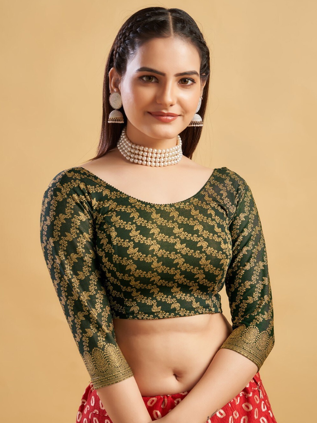 HIMRISE Printed Ready To Wear Saree Blouse, Green