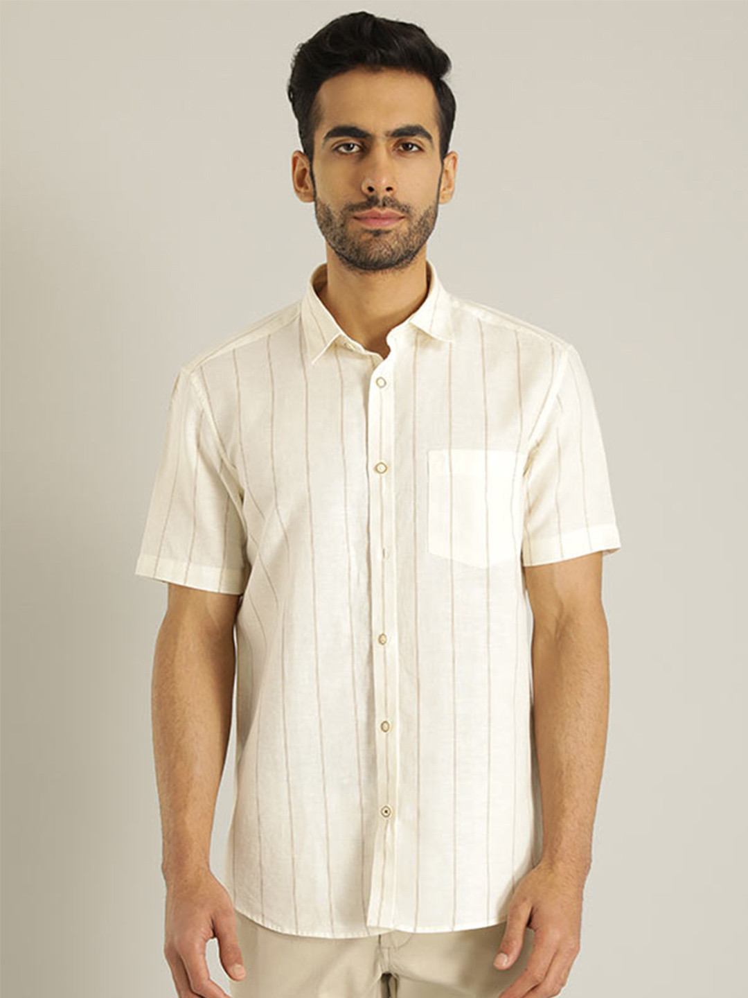 Indian Terrain Chiseled Slim Fit Opaque Striped Pure Cotton Casual Shirt, White 
Indian Terrain Chiseled Slim Fit Opaque Striped Pure Cotton Casual Shirt, White