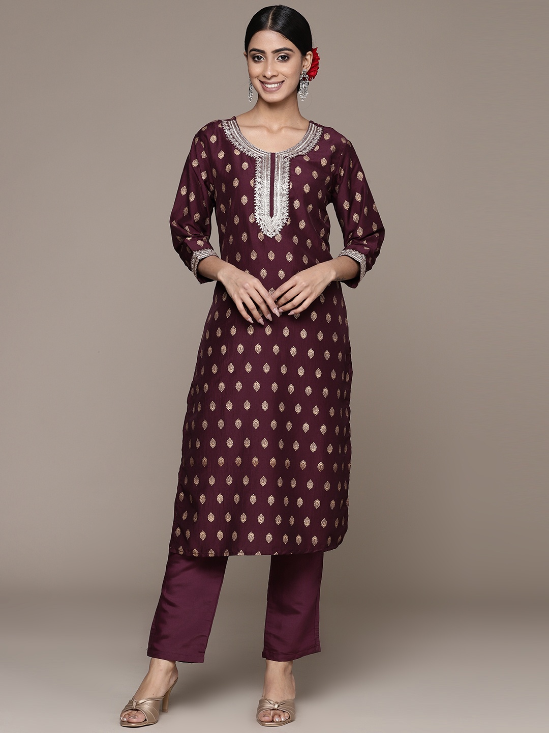 Ishin Ethnic Motifs Foil Printed Zari Detailed Yoke Design Kurta With Trousers, Purple
Ishin Ethnic Motifs Foil Printed Zari Detailed Yoke Design Kurta With Trousers, Purple