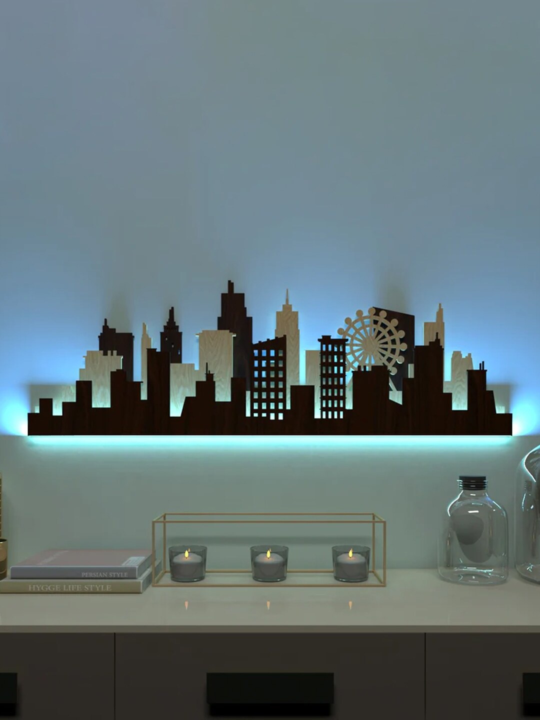 WALLMANTRA Brown London City Design Wooden Backlit Wall Decor