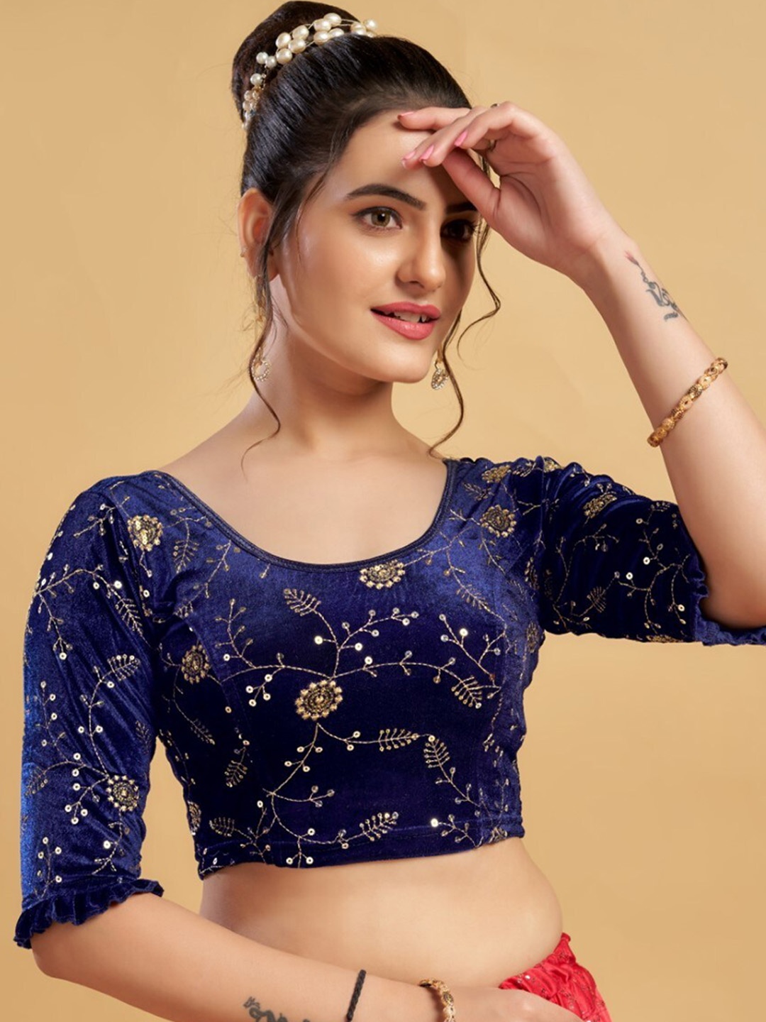 HIMRISE Sequined Embroidered Round Neck Saree Blouse, Navy blue