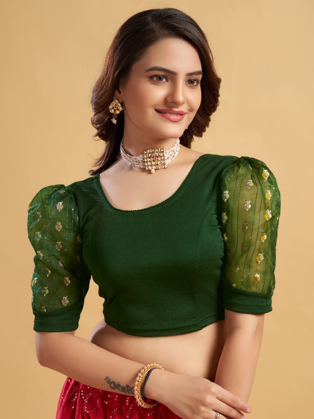 HIMRISE Puff Sleeves Woven Design Zari Saree Blouse, Green