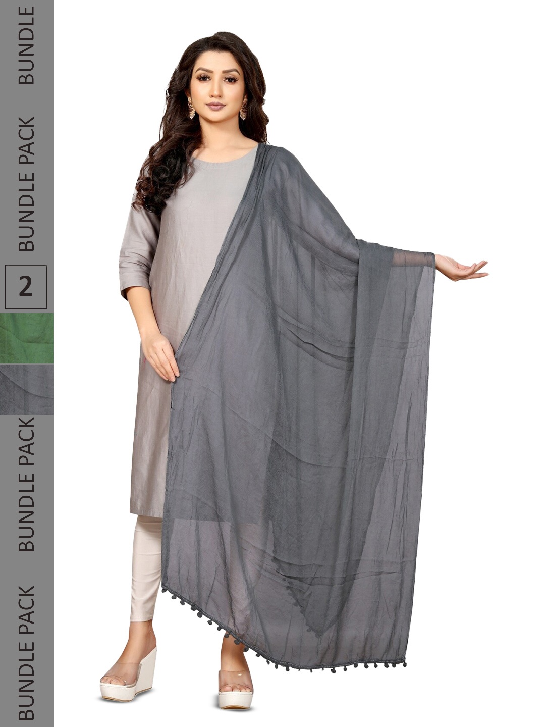 APNISHA Pack Of 2 Tasselled Border Dupattas, Green