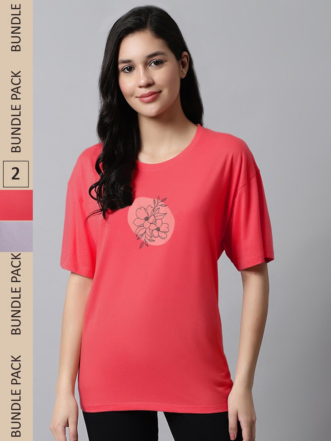 Kanvin Pack Of 2 Typography Printed Drop-Shoulder Sleeves Loose T-Shirt, Violet
