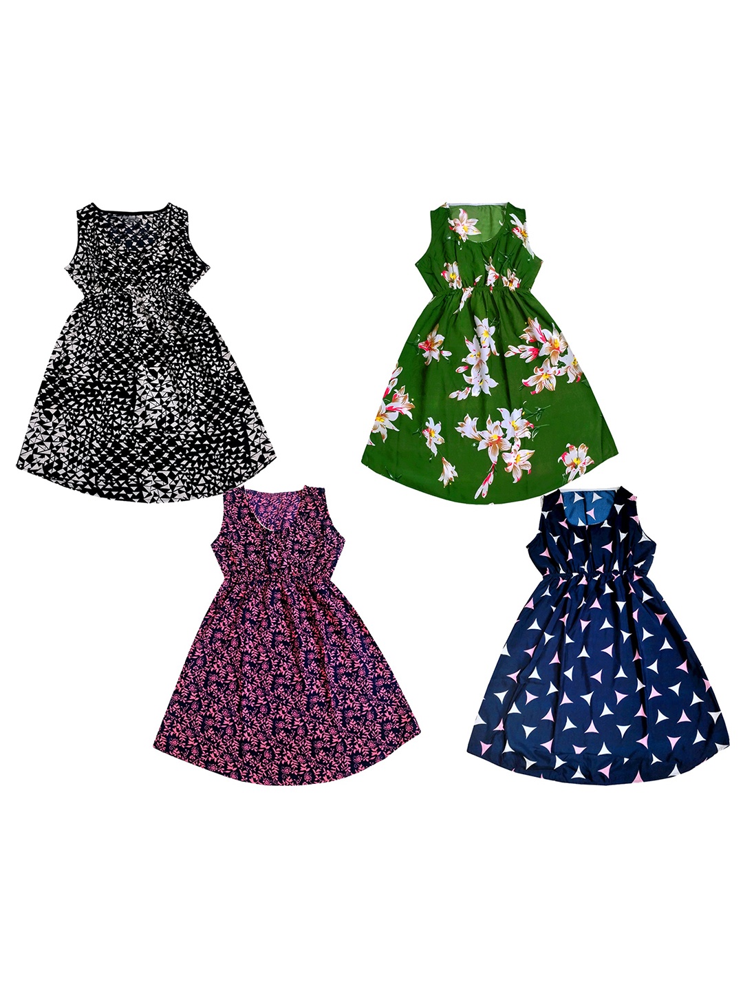 IndiWeaves Girls Pack Of 4 Floral Printed Fit & Flare Dress, Green