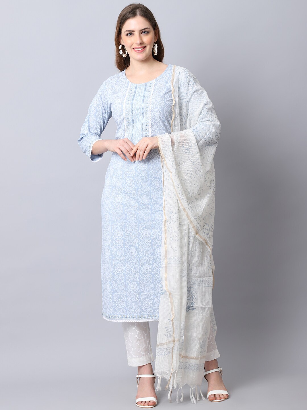 The Mini NEEDLE Floral Printed Mirror Work Pure Cotton Kurta with Trousers & Dupatta, Blue