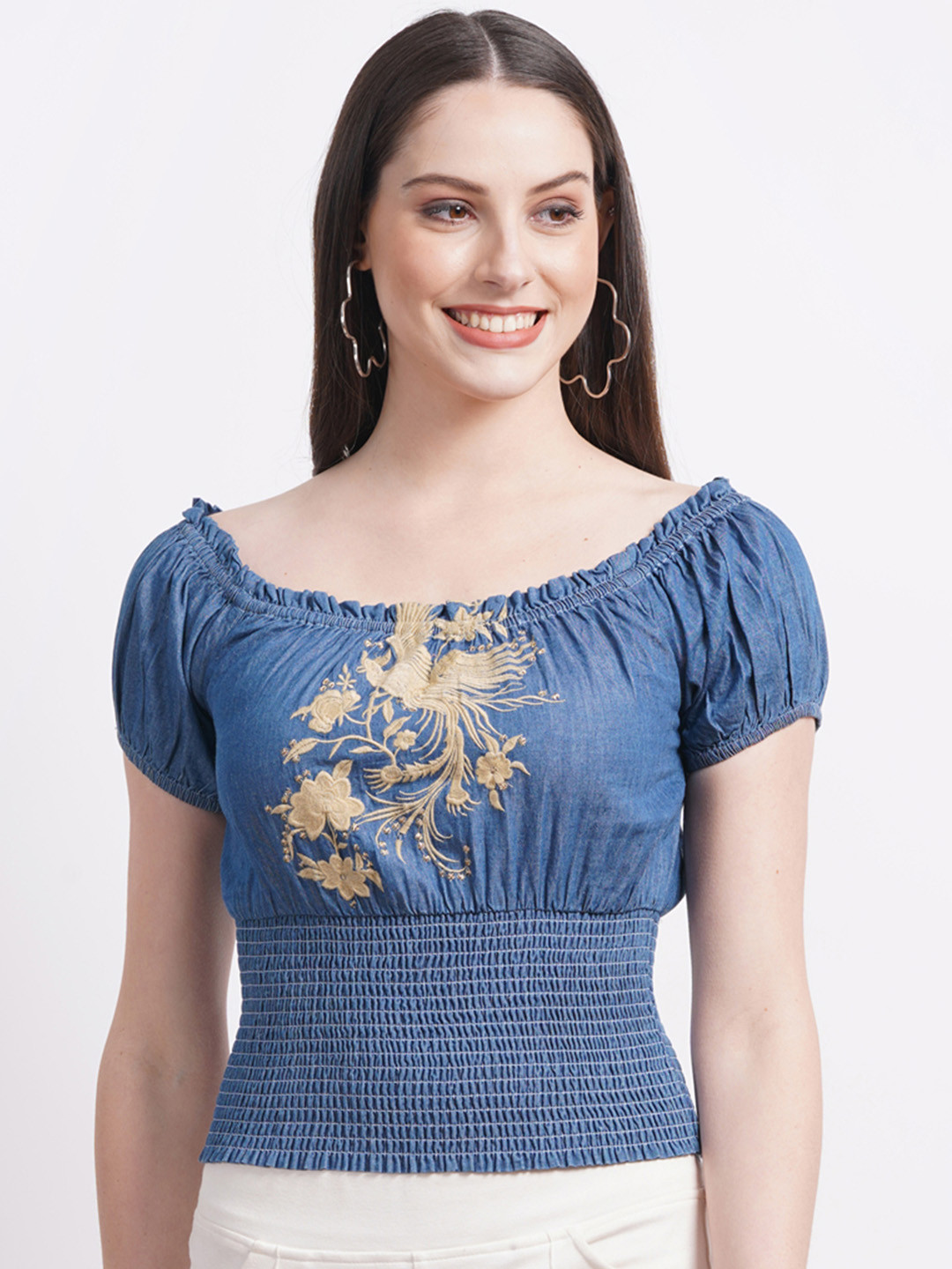 SUMAVI-FASHION Floral Embroidered Off Shoulder Puff Sleeves Smocking Bardot Crop Top, Blue
SUMAVI-FASHION Floral Embroidered Off Shoulder Puff Sleeves Smocking Bardot Crop Top, Blue