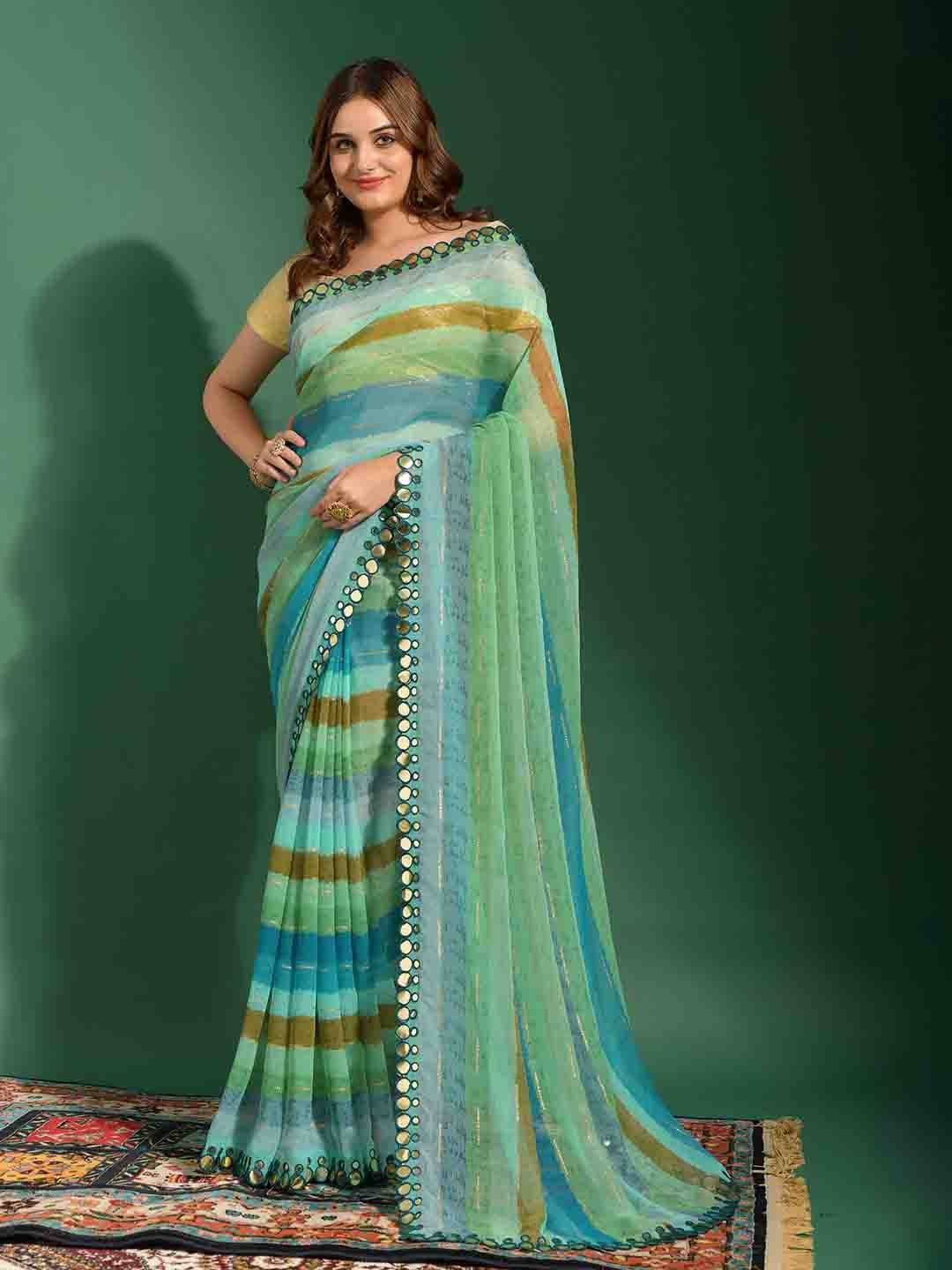DIVASTRI Striped Mirror Worked Saree, Blue