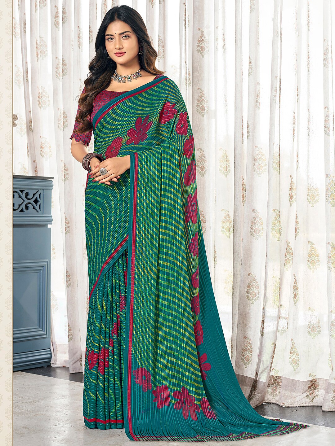 Satrani Green & Mustard Striped Poly Georgette Saree